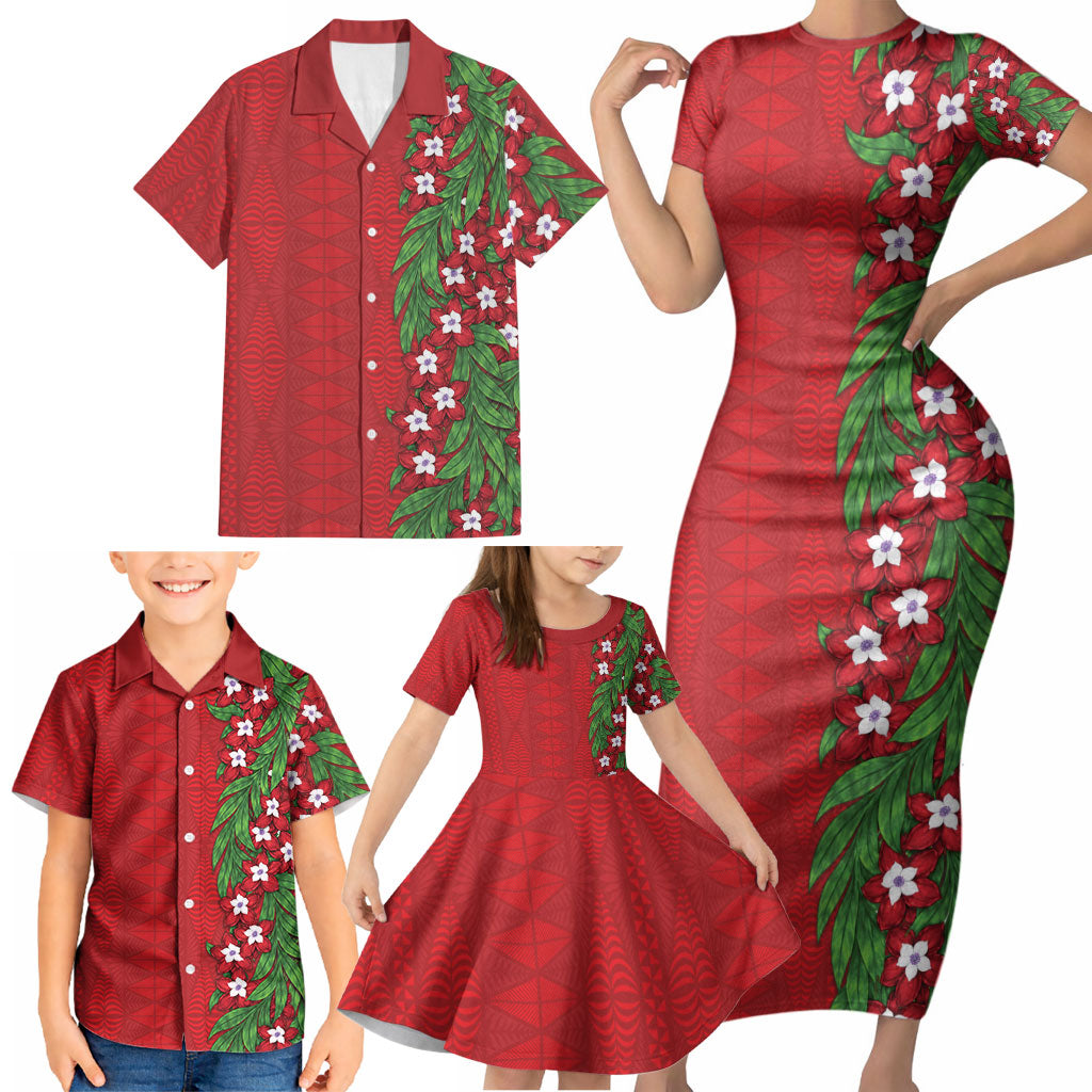 Tonga Language Week Family Matching Short Sleeve Bodycon Dress and Hawaiian Shirt Heilala Floral Red LT05 - Polynesian Pride