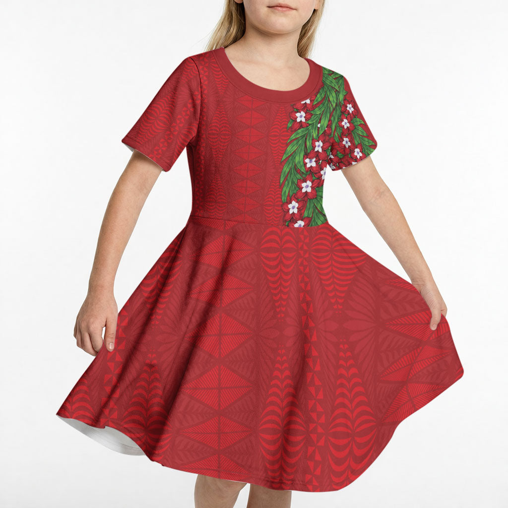 Tonga Language Week Kid Short Sleeve Dress Heilala Floral Red