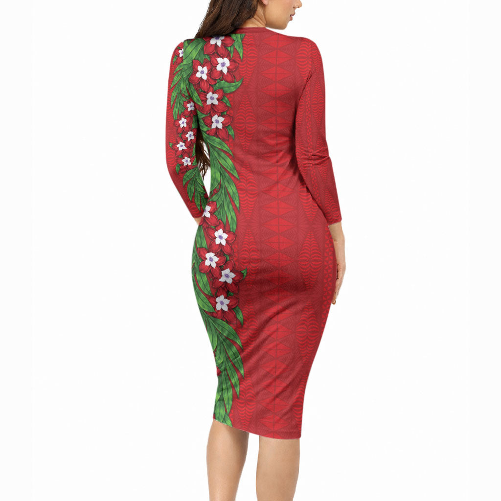 Tonga Language Week Long Sleeve Bodycon Dress Heilala Floral Red