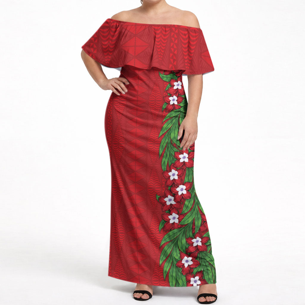Tonga Language Week Off Shoulder Maxi Dress Heilala Floral Red