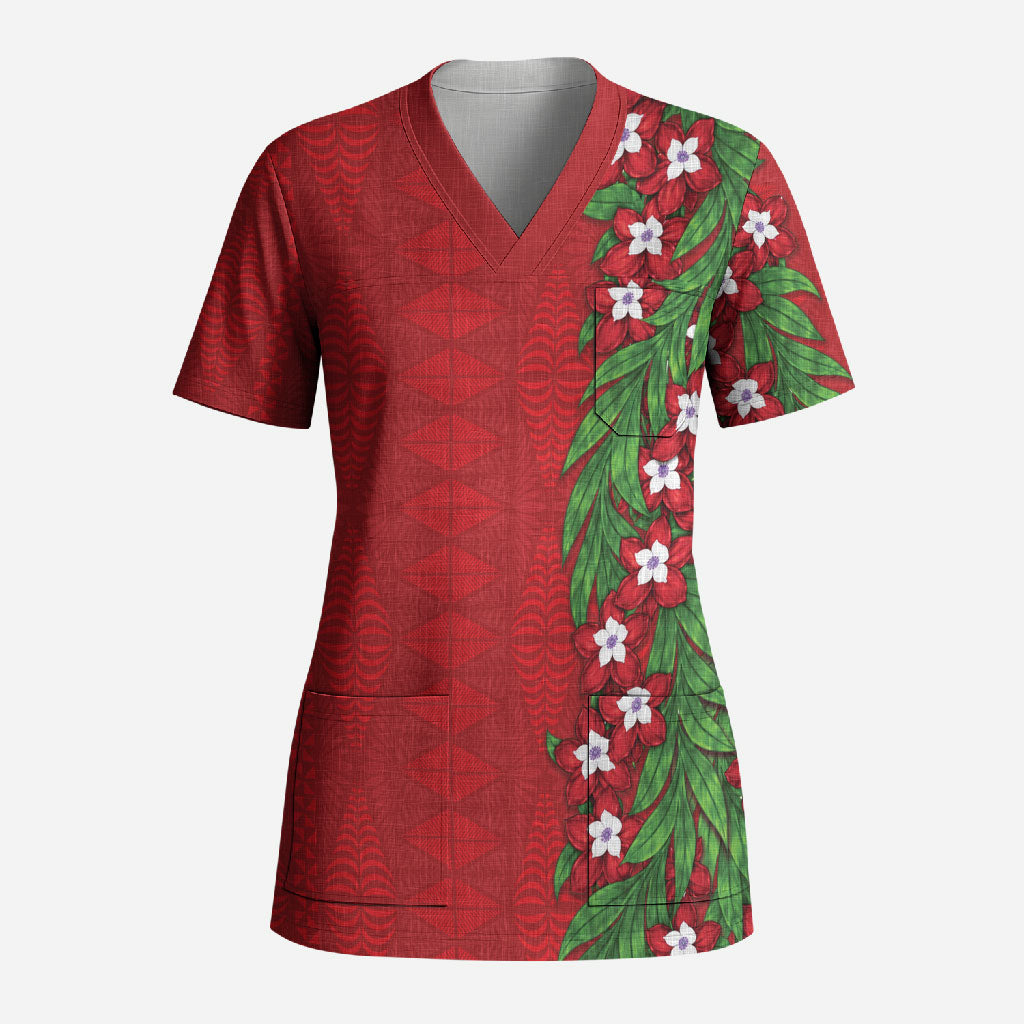 Tonga Language Week Scrub Top Heilala Floral Red