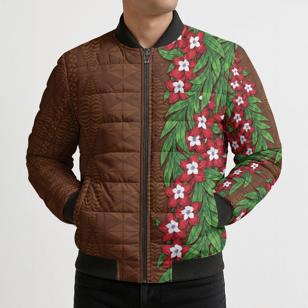 Tonga Language Week Bomber Puffer Jacket Heilala Floral Brown