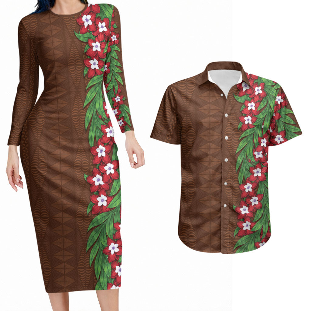Tonga Language Week Couples Matching Long Sleeve Bodycon Dress and Hawaiian Shirt Heilala Floral Brown