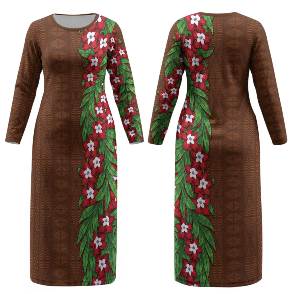 Tonga Language Week Couples Matching Long Sleeve Bodycon Dress and Hawaiian Shirt Heilala Floral Brown