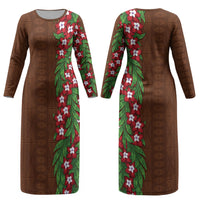 Tonga Language Week Couples Matching Long Sleeve Bodycon Dress and Hawaiian Shirt Heilala Floral Brown
