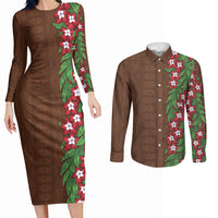 Tonga Language Week Couples Matching Long Sleeve Bodycon Dress and Long Sleeve Button Shirt Heilala Floral Brown