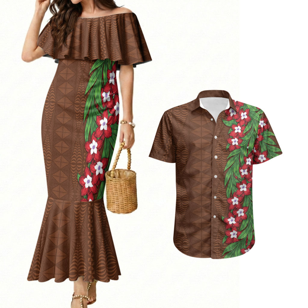 Tonga Language Week Couples Matching Mermaid Dress and Hawaiian Shirt Heilala Floral Brown