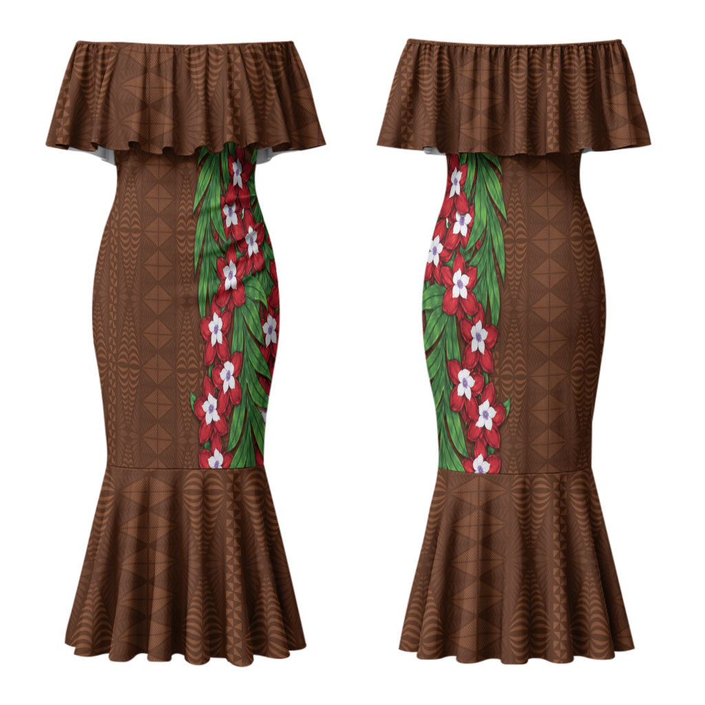 Tonga Language Week Couples Matching Mermaid Dress and Long Sleeve Button Shirt Heilala Floral Brown
