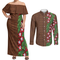 Tonga Language Week Couples Matching Off Shoulder Maxi Dress and Long Sleeve Button Shirt Heilala Floral Brown