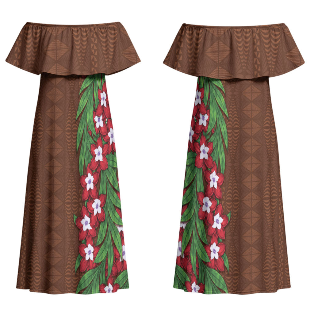 Tonga Language Week Couples Matching Off Shoulder Maxi Dress and Long Sleeve Button Shirt Heilala Floral Brown