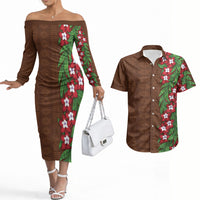 Tonga Language Week Couples Matching Off The Shoulder Long Sleeve Dress and Hawaiian Shirt Heilala Floral Brown