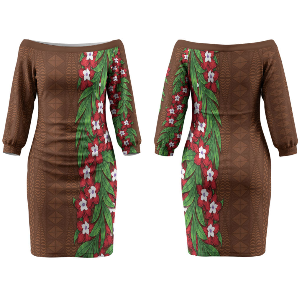 Tonga Language Week Couples Matching Off The Shoulder Long Sleeve Dress and Long Sleeve Button Shirt Heilala Floral Brown