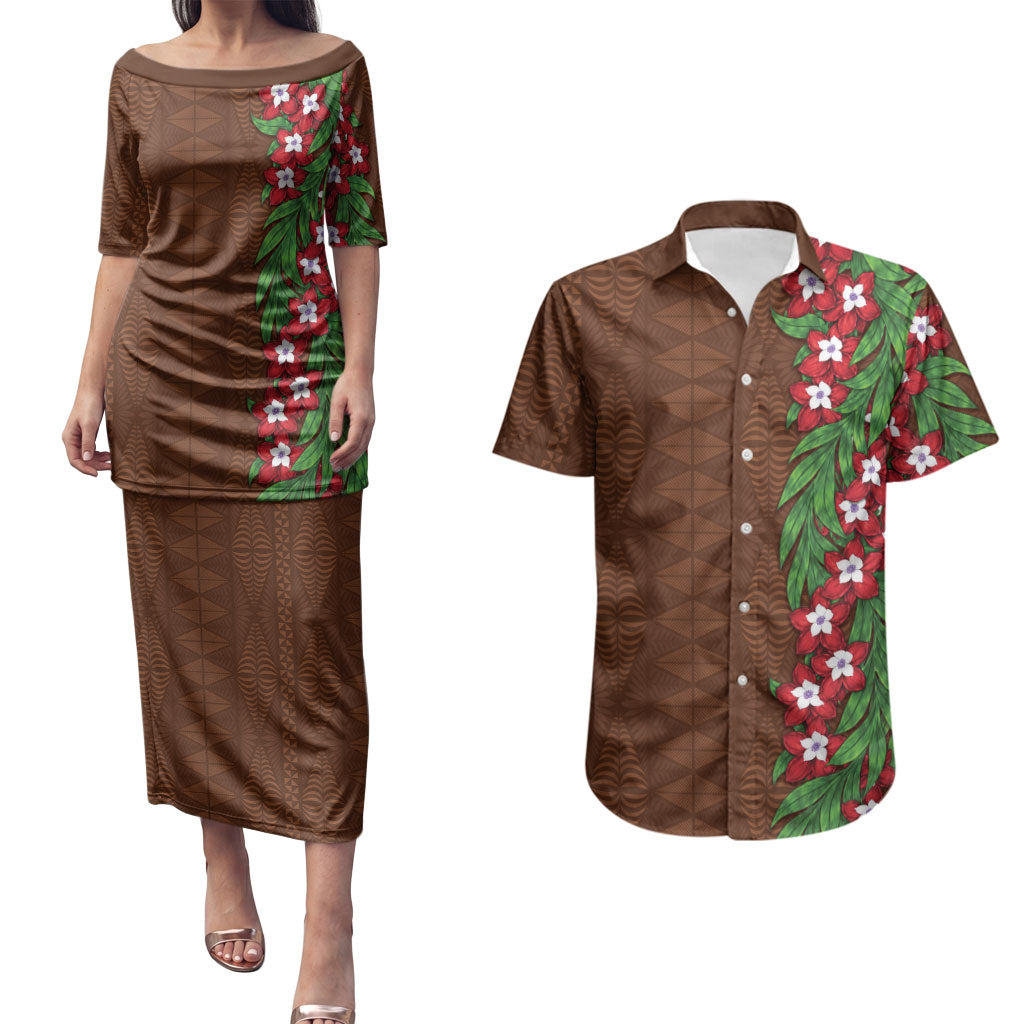 Tonga Language Week Couples Matching Puletasi and Hawaiian Shirt Heilala Floral Brown