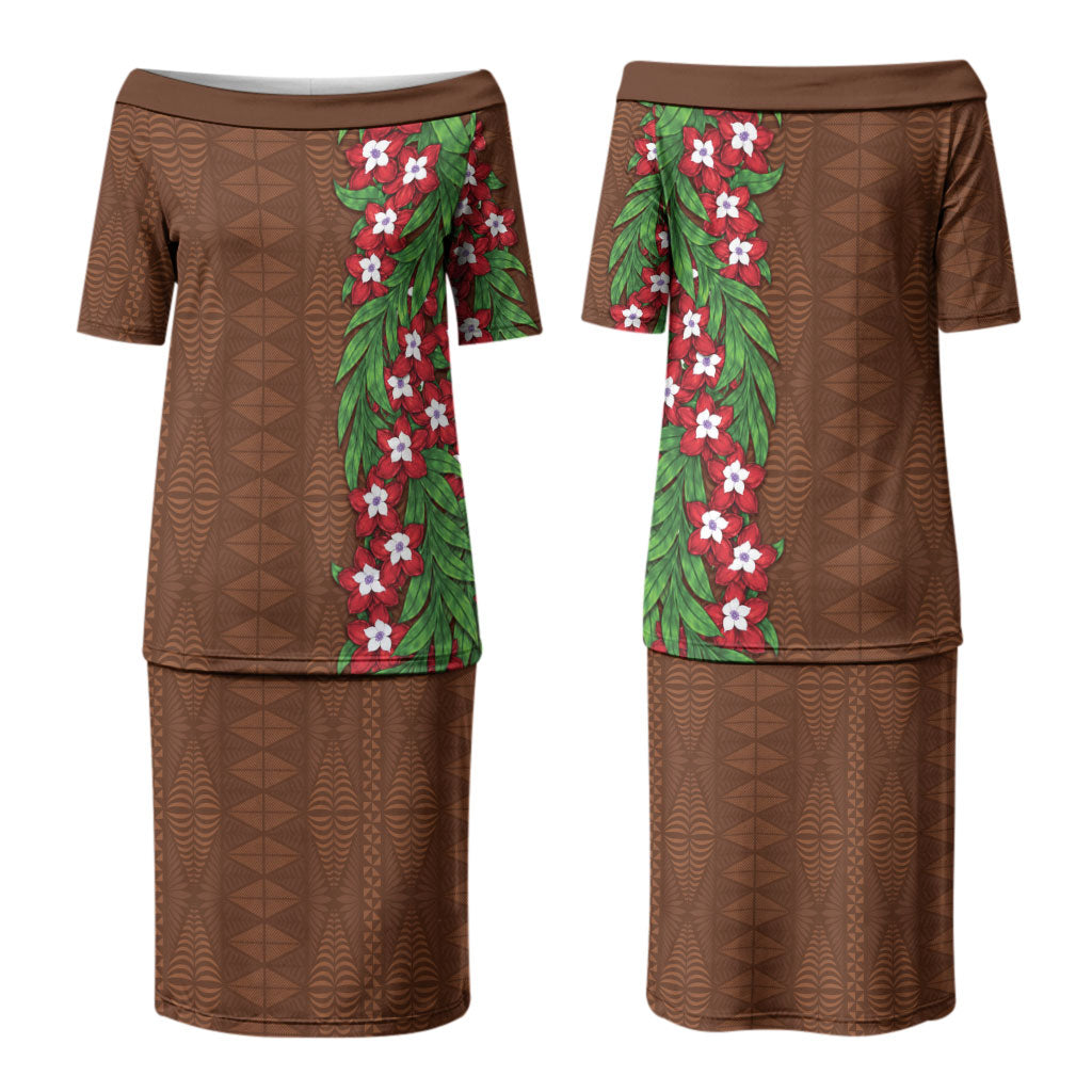 Tonga Language Week Couples Matching Puletasi and Hawaiian Shirt Heilala Floral Brown
