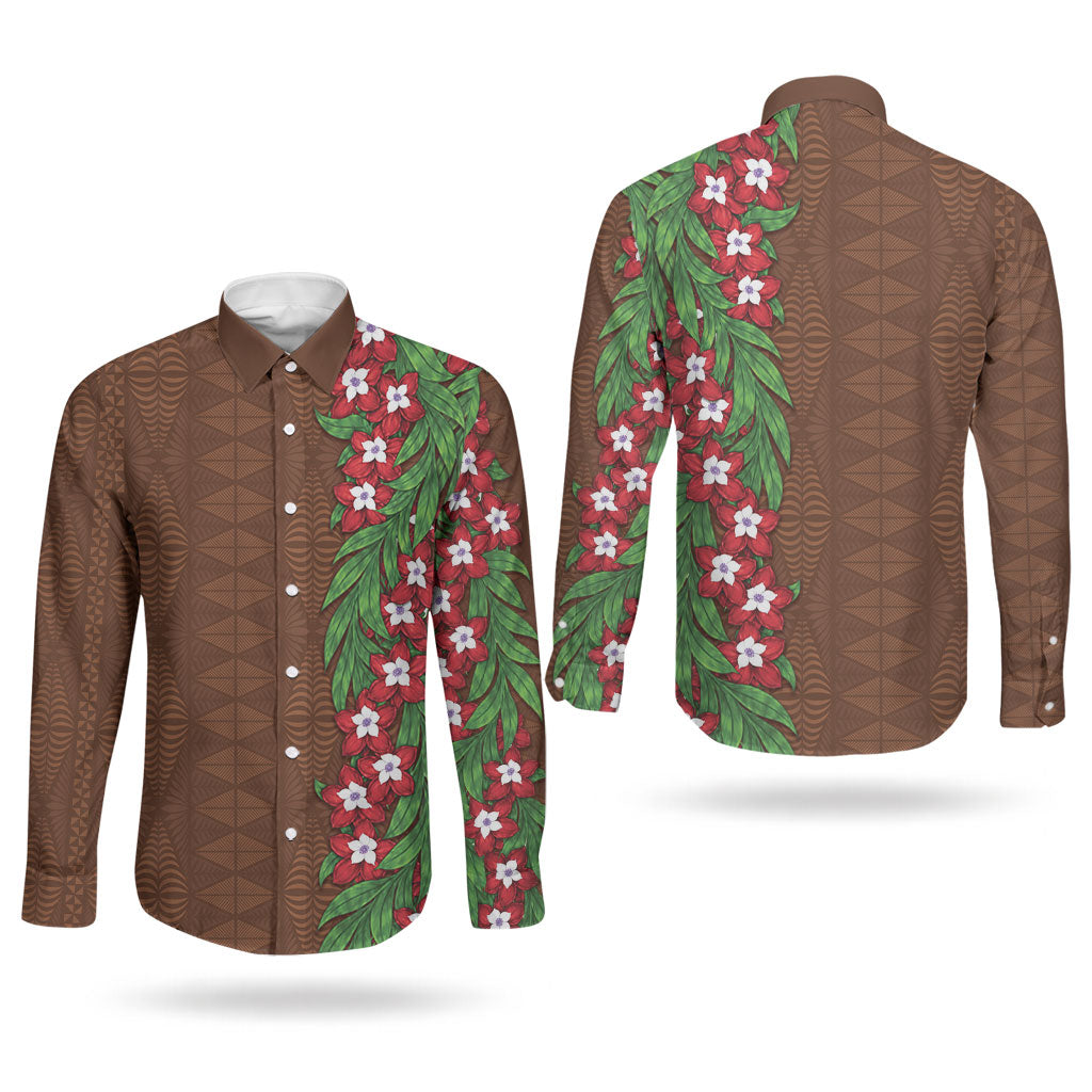 Tonga Language Week Couples Matching Puletasi and Long Sleeve Button Shirt Heilala Floral Brown