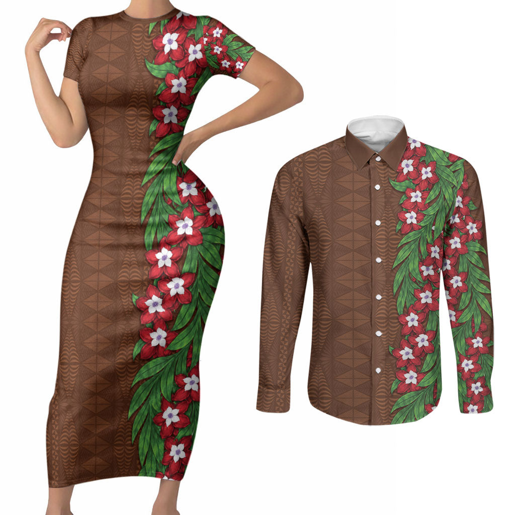 Tonga Language Week Couples Matching Short Sleeve Bodycon Dress and Long Sleeve Button Shirt Heilala Floral Brown LT05 Brown - Polynesian Pride