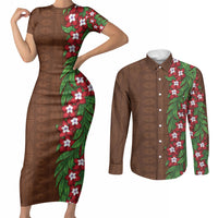 Tonga Language Week Couples Matching Short Sleeve Bodycon Dress and Long Sleeve Button Shirt Heilala Floral Brown
