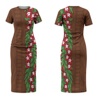Tonga Language Week Couples Matching Short Sleeve Bodycon Dress and Long Sleeve Button Shirt Heilala Floral Brown