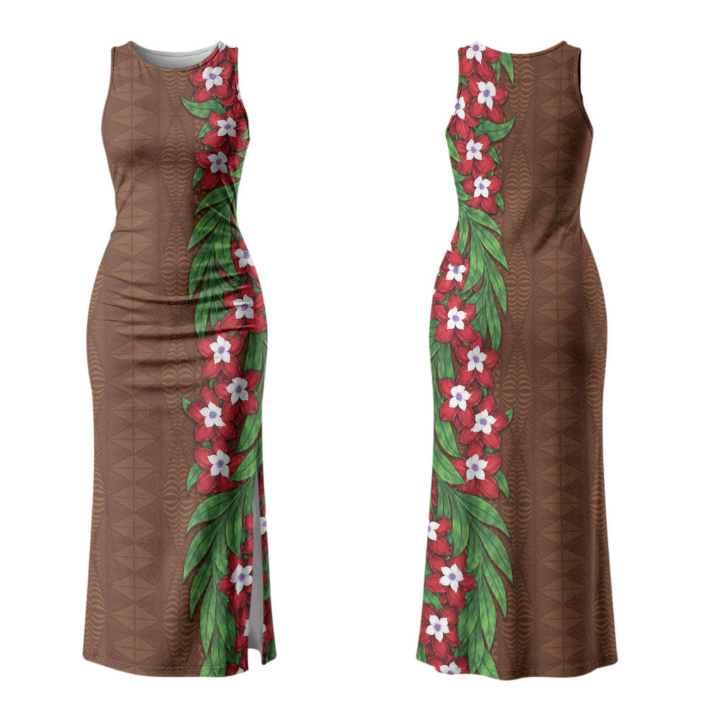 Tonga Language Week Couples Matching Tank Maxi Dress and Hawaiian Shirt Heilala Floral Brown