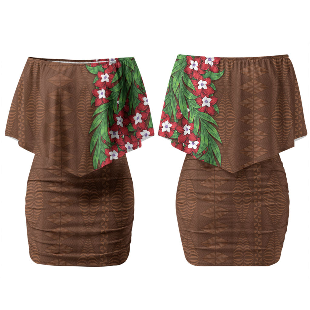 Tonga Language Week Family Matching Off Shoulder Short Dress and Hawaiian Shirt Heilala Floral Brown