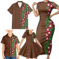 Tonga Language Week Family Matching Short Sleeve Bodycon Dress and Hawaiian Shirt Heilala Floral Brown