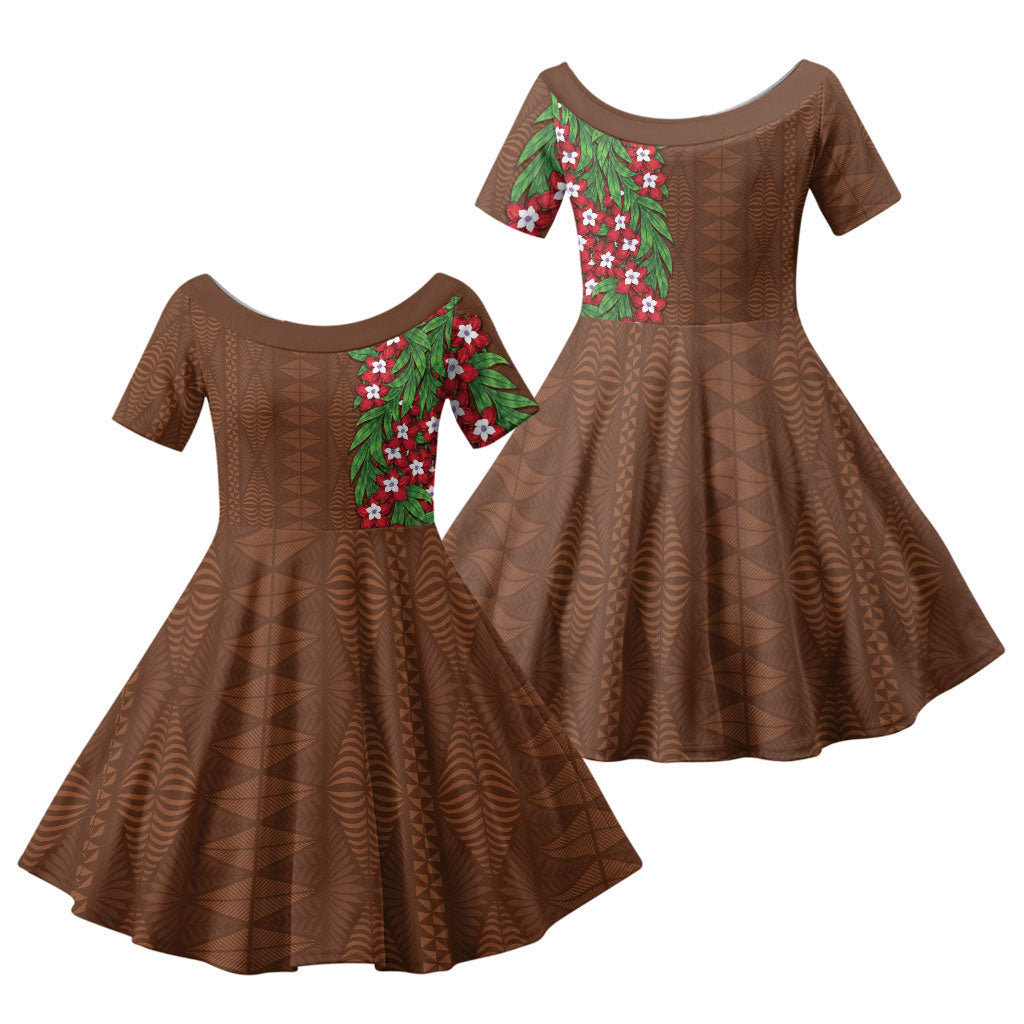 Tonga Language Week Family Matching Short Sleeve Bodycon Dress and Hawaiian Shirt Heilala Floral Brown