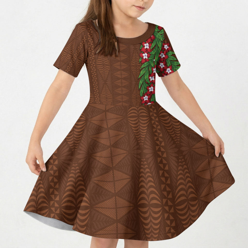 Tonga Language Week Kid Short Sleeve Dress Heilala Floral Brown