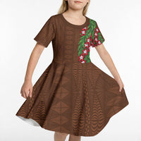 Tonga Language Week Kid Short Sleeve Dress Heilala Floral Brown