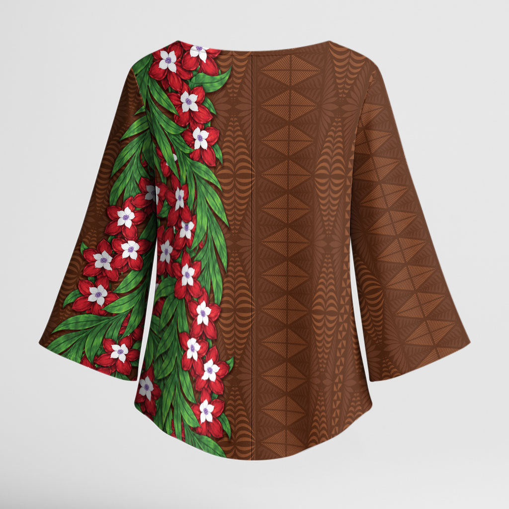 Tonga Language Week Kimono Sleeve Blouse Heilala Floral Brown