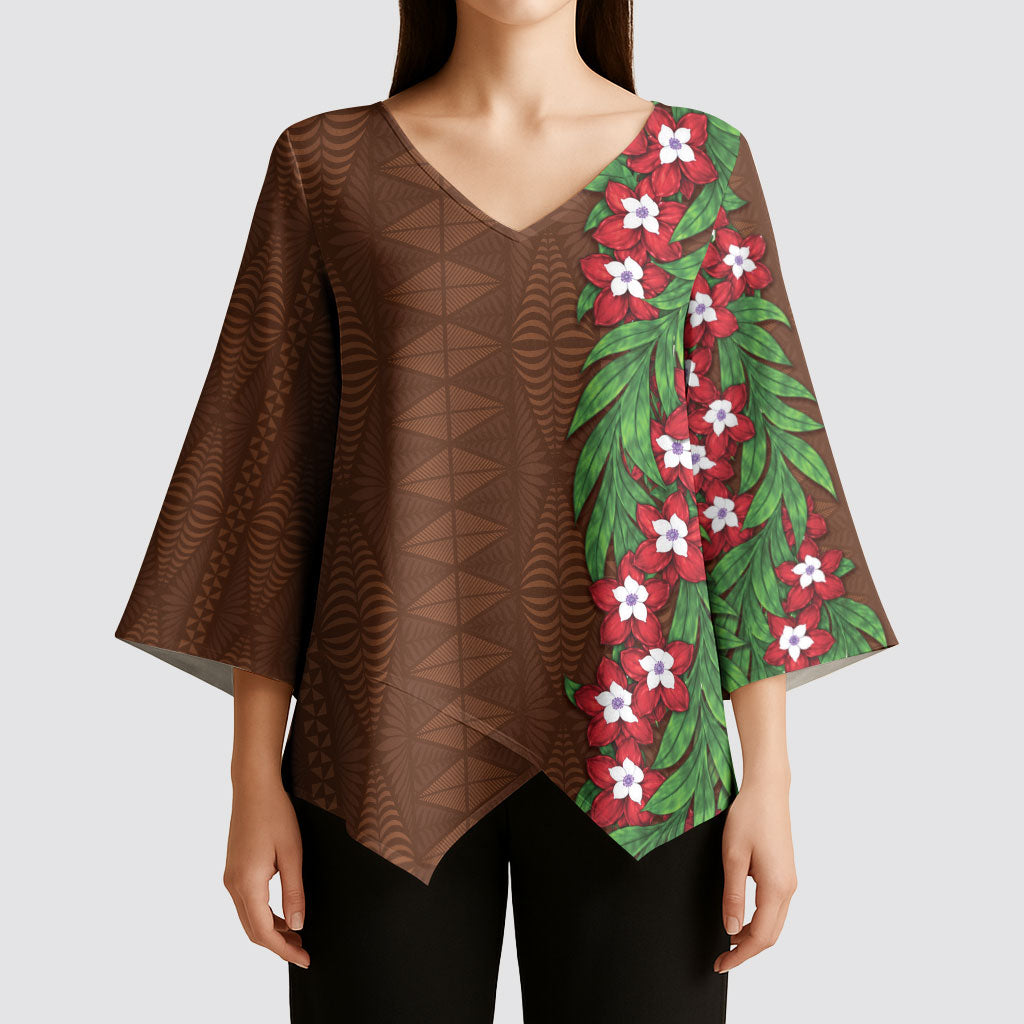 Tonga Language Week Kimono Sleeve Blouse Heilala Floral Brown