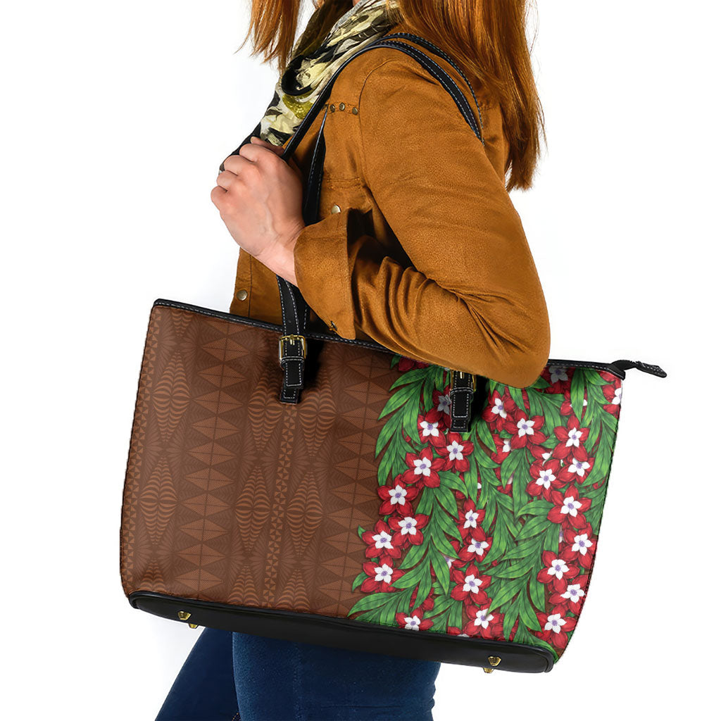 Tonga Language Week Leather Tote Bag Heilala Floral Brown