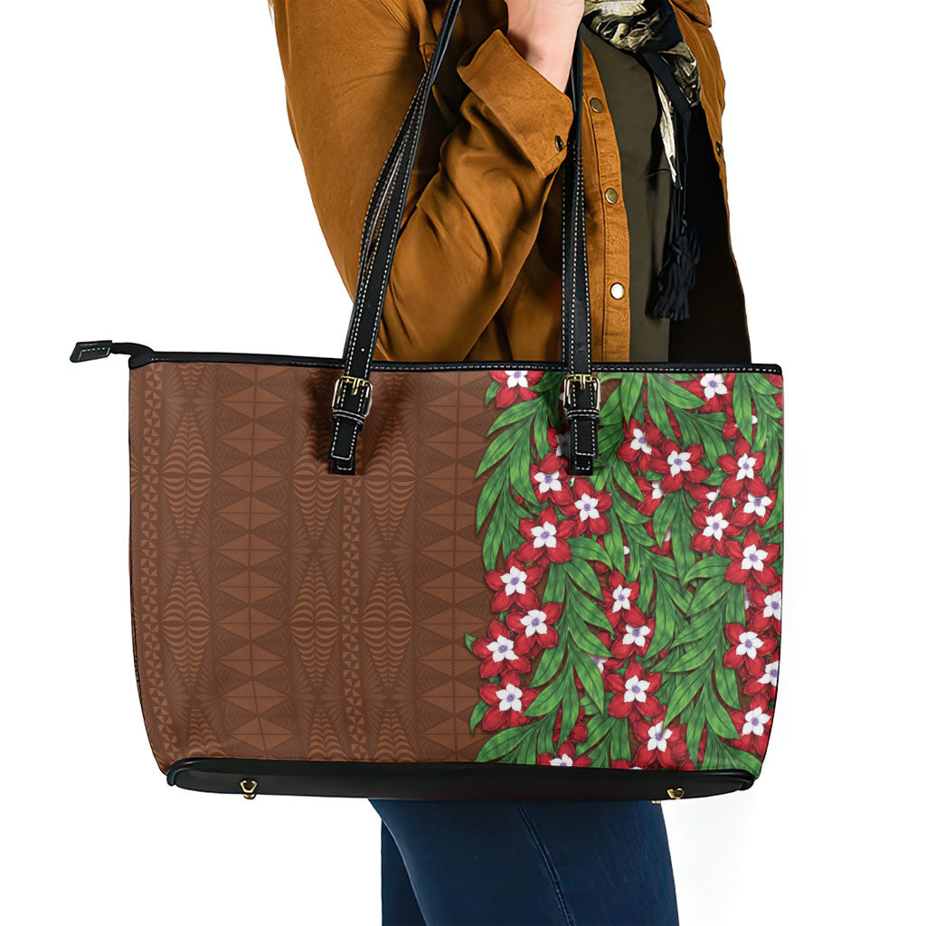 Tonga Language Week Leather Tote Bag Heilala Floral Brown