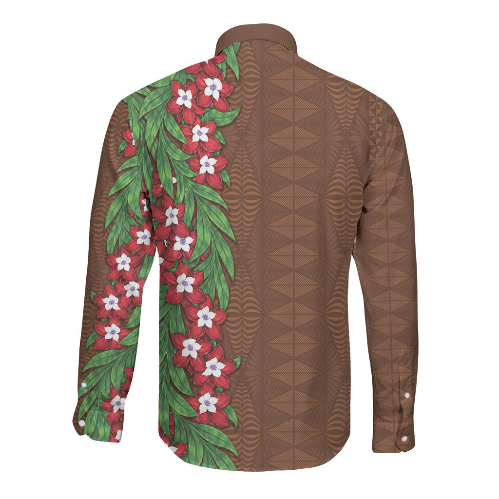 Tonga Language Week Long Sleeve Button Shirt Heilala Floral Brown