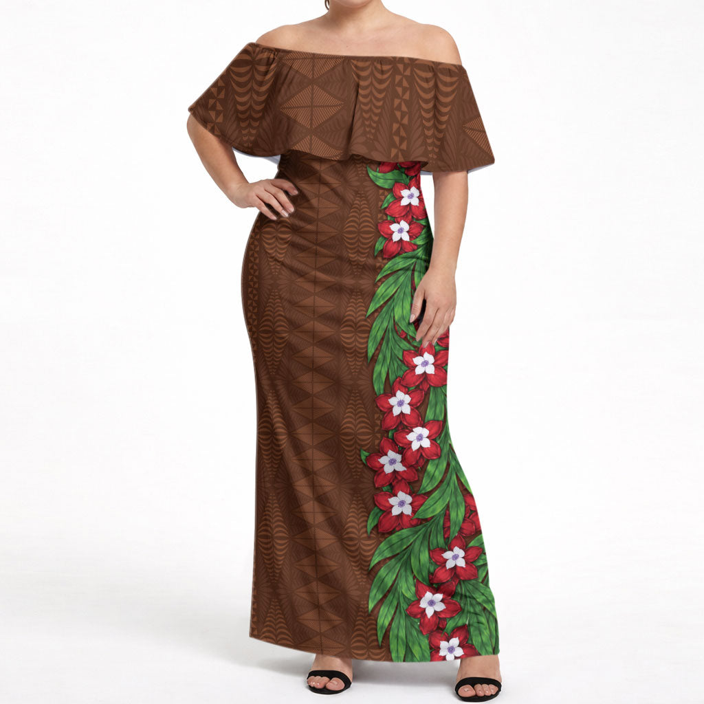 Tonga Language Week Off Shoulder Maxi Dress Heilala Floral Brown