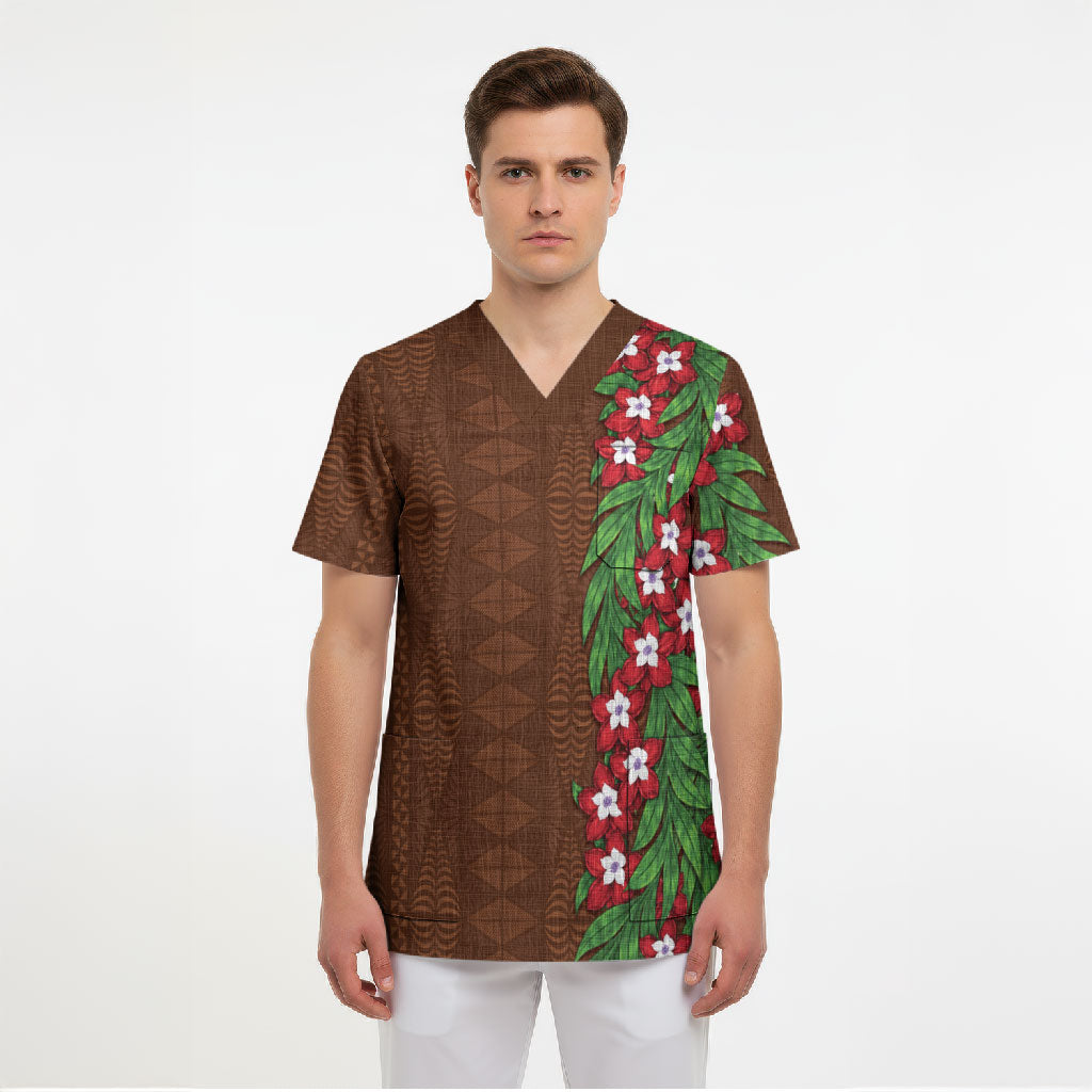 Tonga Language Week Scrub Top Heilala Floral Brown