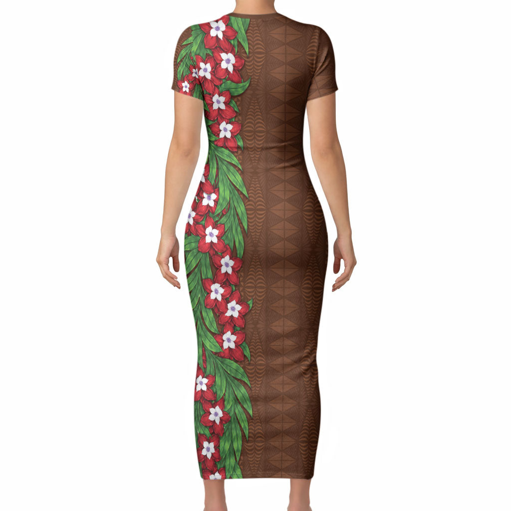 Tonga Language Week Short Sleeve Bodycon Dress Heilala Floral Brown