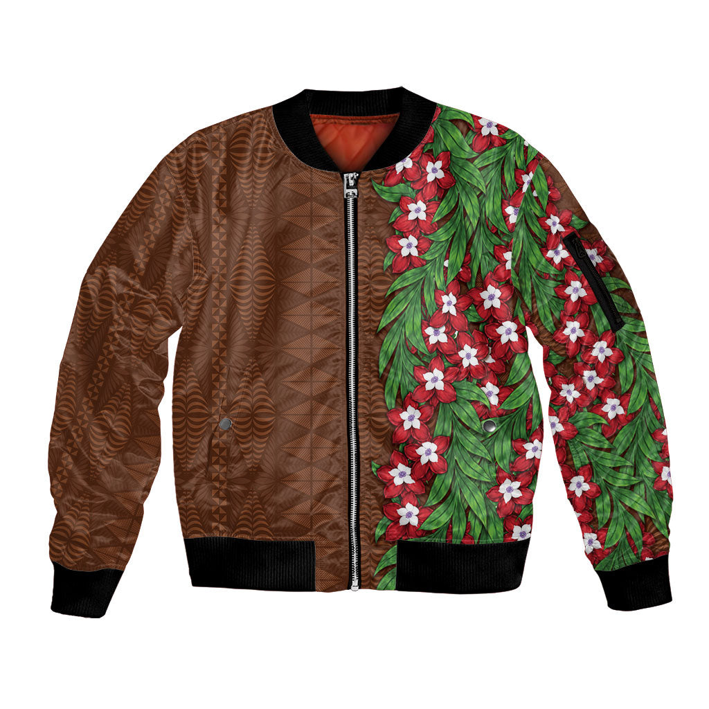 Tonga Language Week Sleeve Zip Bomber Jacket Heilala Floral Brown