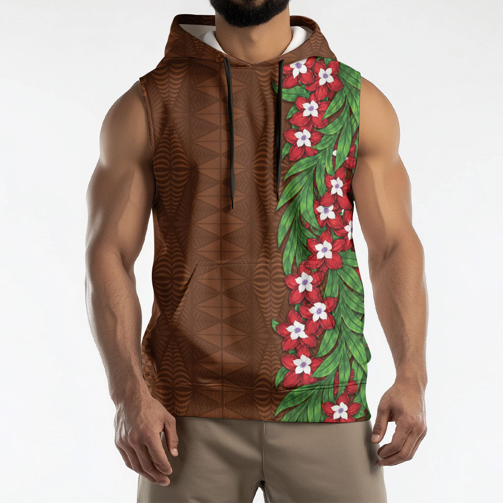 Tonga Language Week Sleeveless Hoodie Heilala Floral Brown