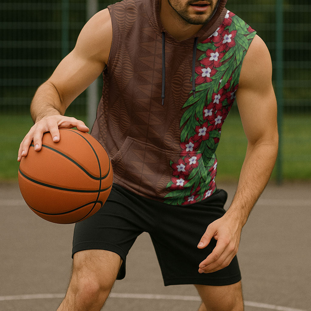 Tonga Language Week Sleeveless Hoodie Heilala Floral Brown