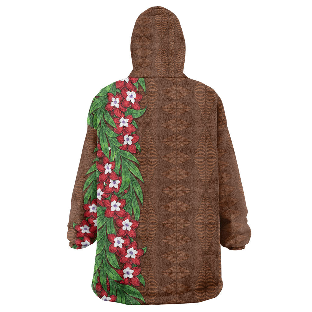 Tonga Language Week Wearable Blanket Hoodie Heilala Floral Brown