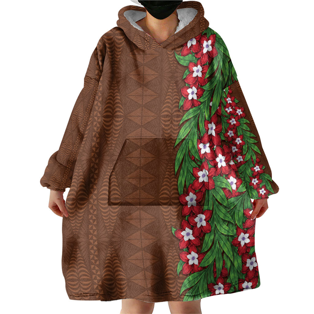 Tonga Language Week Wearable Blanket Hoodie Heilala Floral Brown