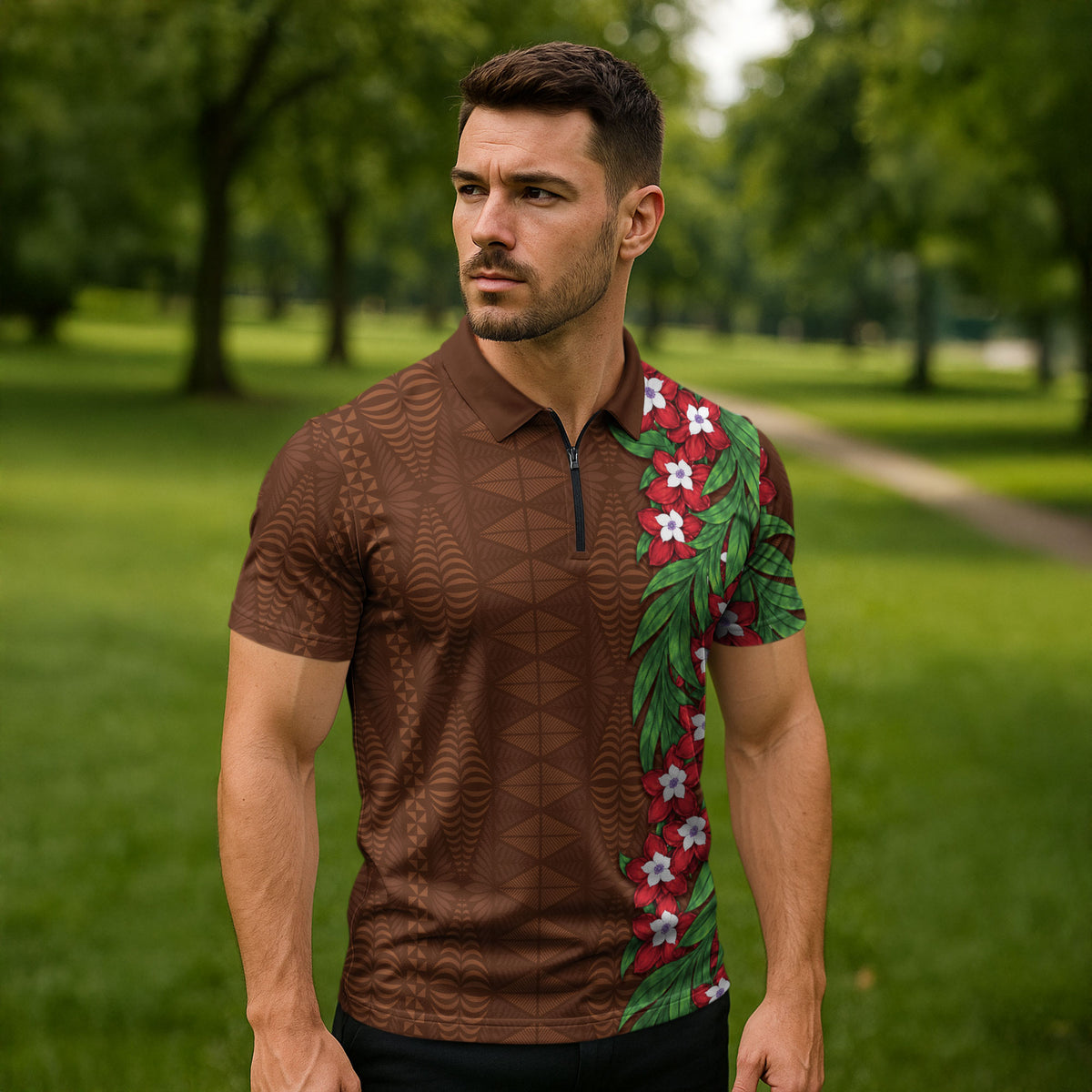 Tonga Language Week Zipper Polo Shirt Heilala Floral Brown
