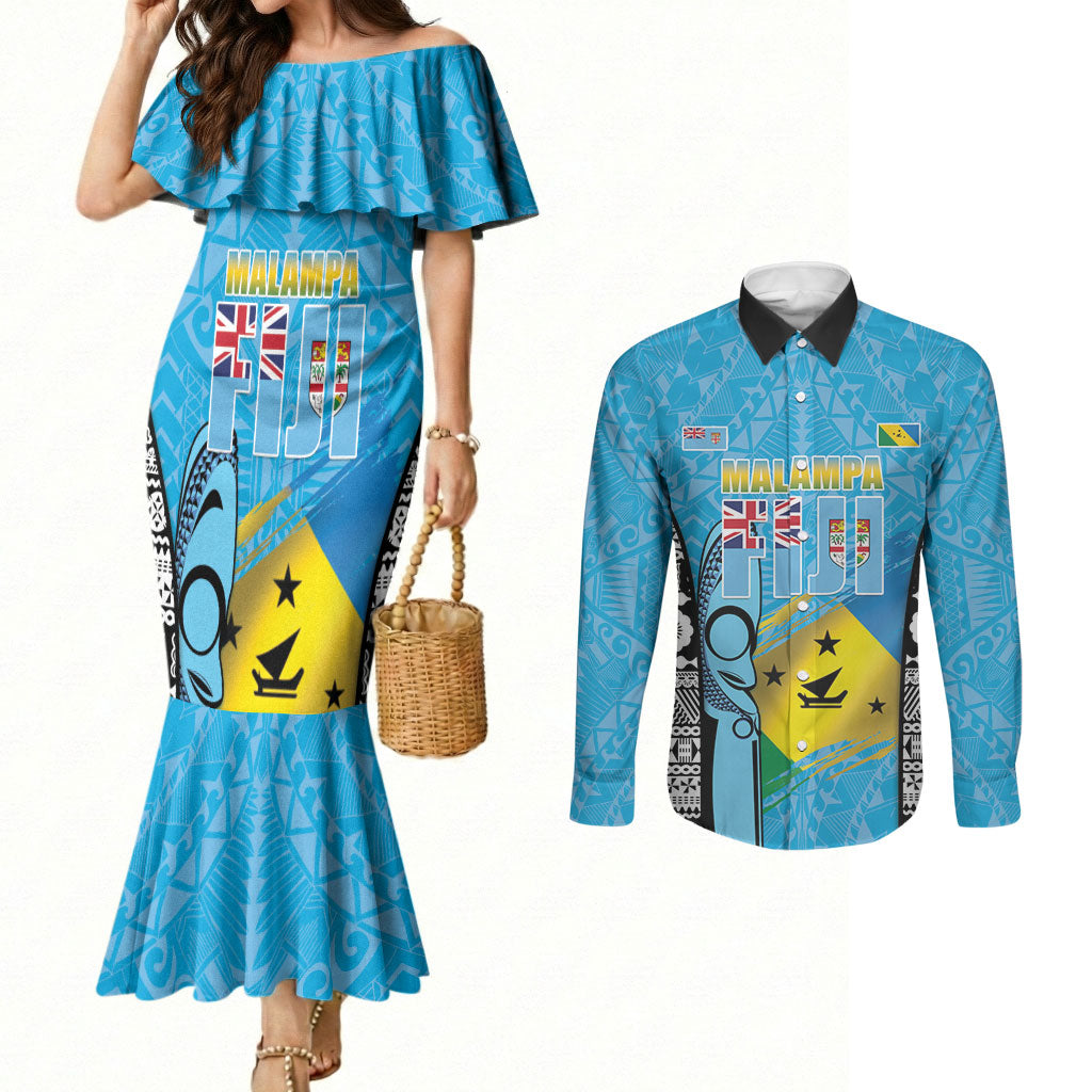 Personalised Malampa Fiji Day 2026 Couples Matching Mermaid Dress and Long Sleeve Button Shirt Unique Style LT05 Blue - Polynesian Pride