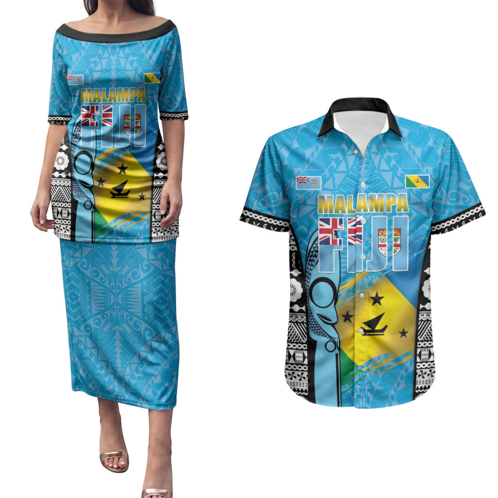 Personalised Malampa Fiji Day 2026 Couples Matching Puletasi and Hawaiian Shirt Unique Style LT05 Blue - Polynesian Pride