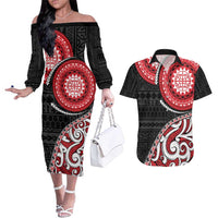 New Zealand Red Maori Koru Simple Style Couples Matching Off The Shoulder Long Sleeve Dress and Hawaiian Shirt LT05 Red - Polynesian Pride