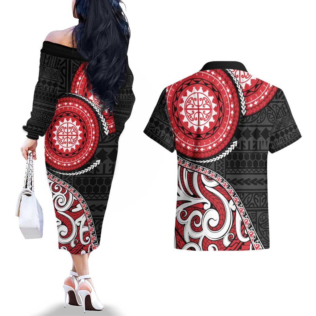 New Zealand Red Maori Koru Simple Style Couples Matching Off The Shoulder Long Sleeve Dress and Hawaiian Shirt LT05 - Polynesian Pride
