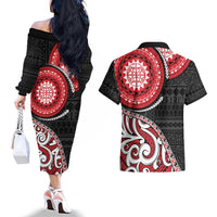 New Zealand Red Maori Koru Simple Style Couples Matching Off The Shoulder Long Sleeve Dress and Hawaiian Shirt LT05 - Polynesian Pride