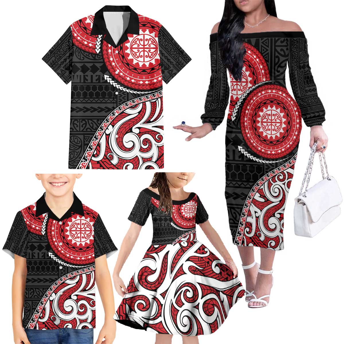 New Zealand Red Maori Koru Simple Style Family Matching Off The Shoulder Long Sleeve Dress and Hawaiian Shirt LT05 - Polynesian Pride