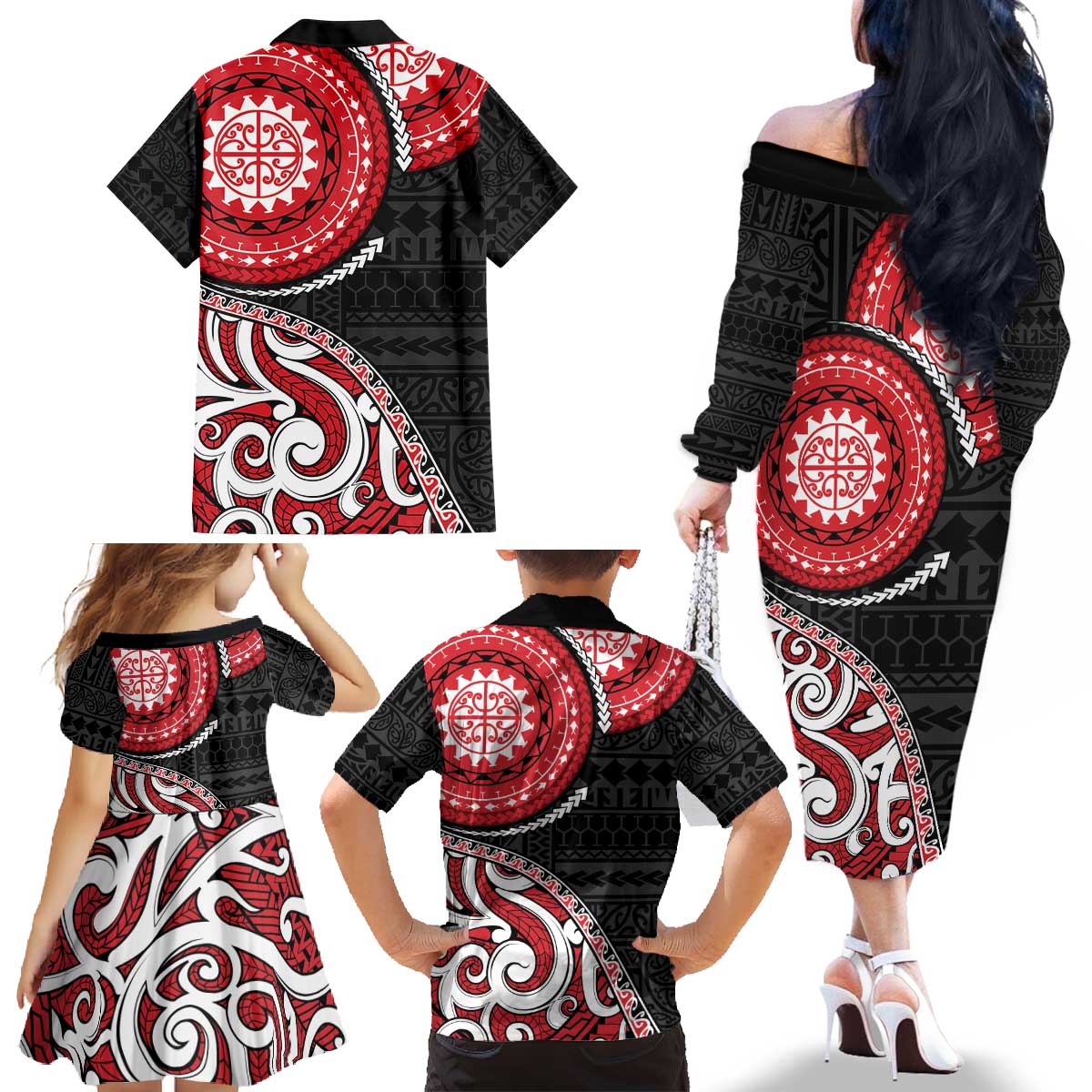 New Zealand Red Maori Koru Simple Style Family Matching Off The Shoulder Long Sleeve Dress and Hawaiian Shirt LT05 - Polynesian Pride