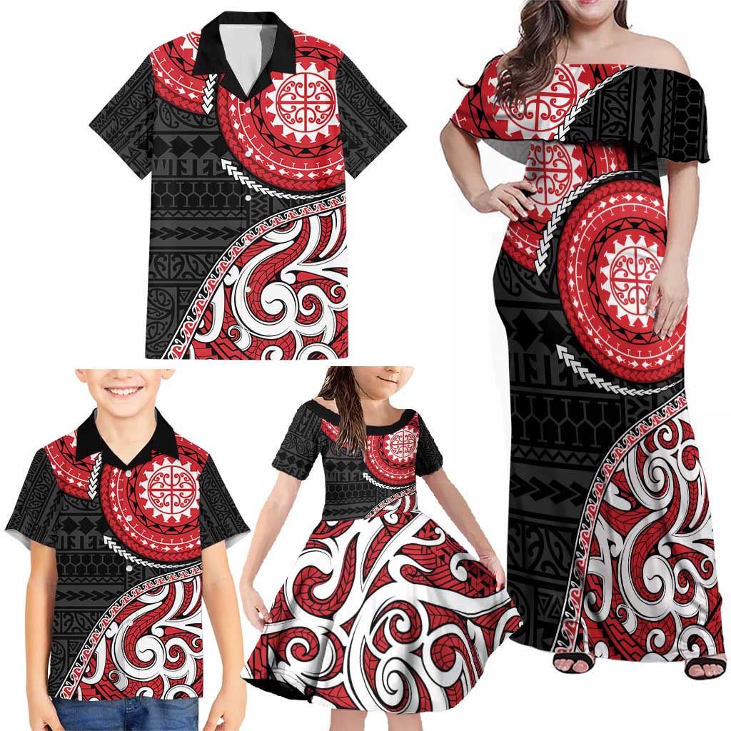 New Zealand Red Maori Koru Simple Style Family Matching Off Shoulder Maxi Dress and Hawaiian Shirt LT05 - Polynesian Pride
